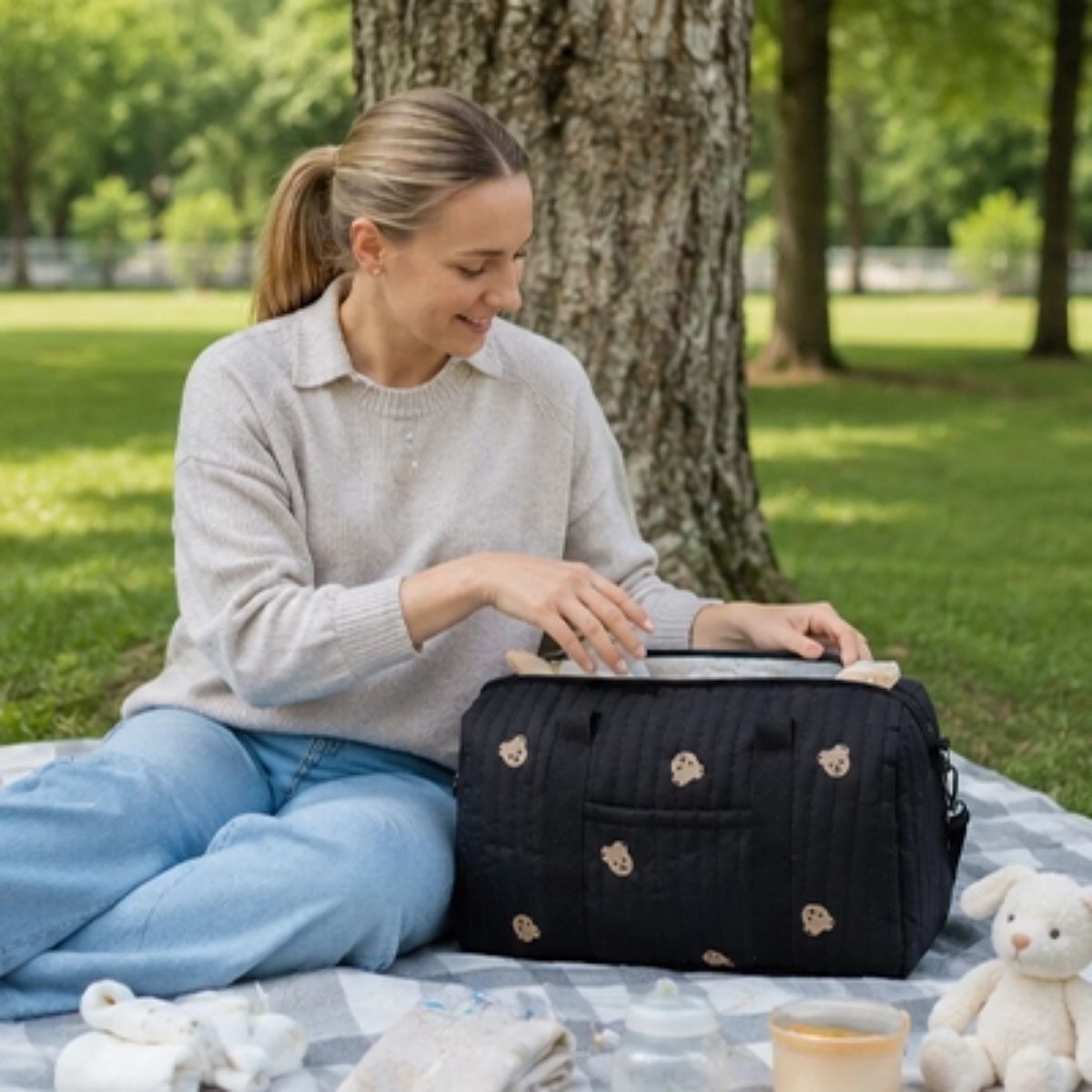 Sac à langer polochon noir matelassé à petits oursons, ouvert par une femme assise sur une couverture de pique-nique dans un parc