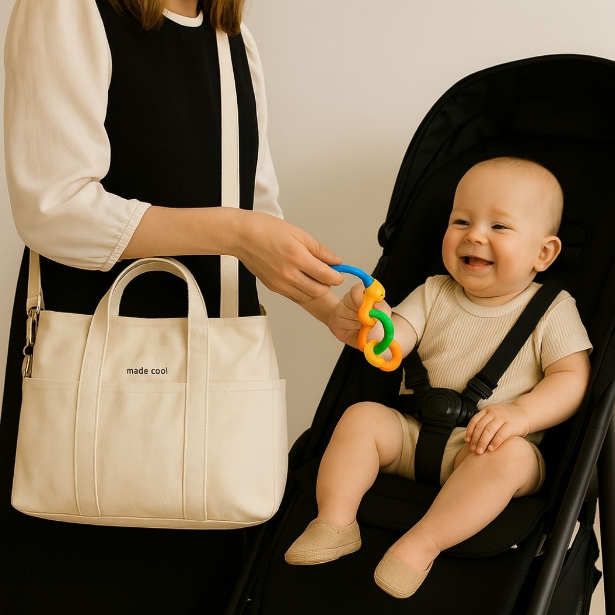 Sac a langer beige en poussette, maman tend un jouet coloré à bébé souriant assis devant
