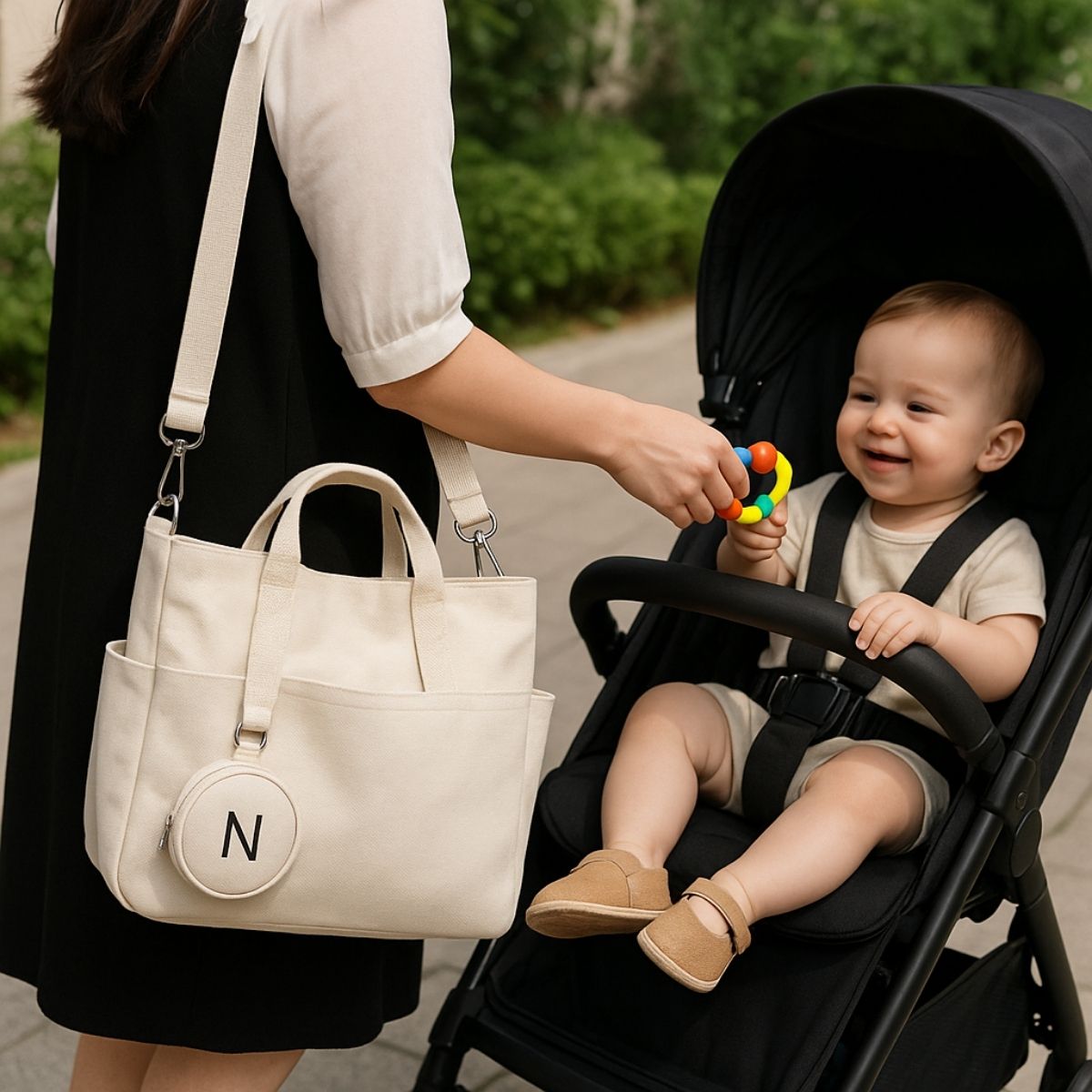 Sac a langer beige accroché à une poussette, maman joue avec bébé souriant
