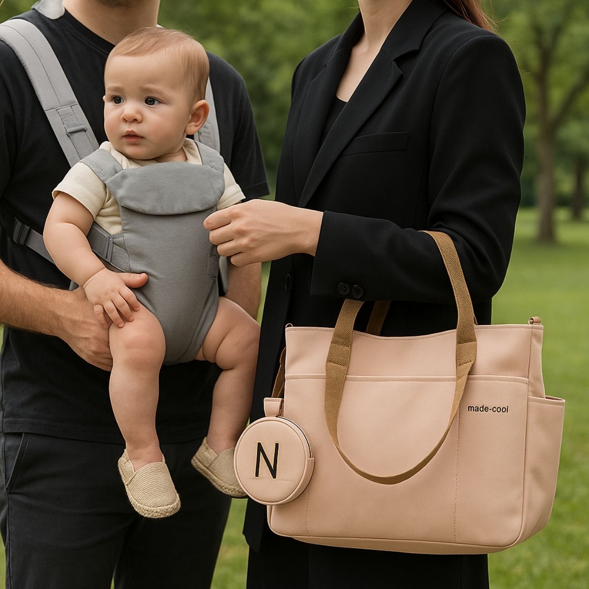 Sac a langer kaki porté en extérieur par une maman, bébé en porte-bébé gris dans les bras du papa