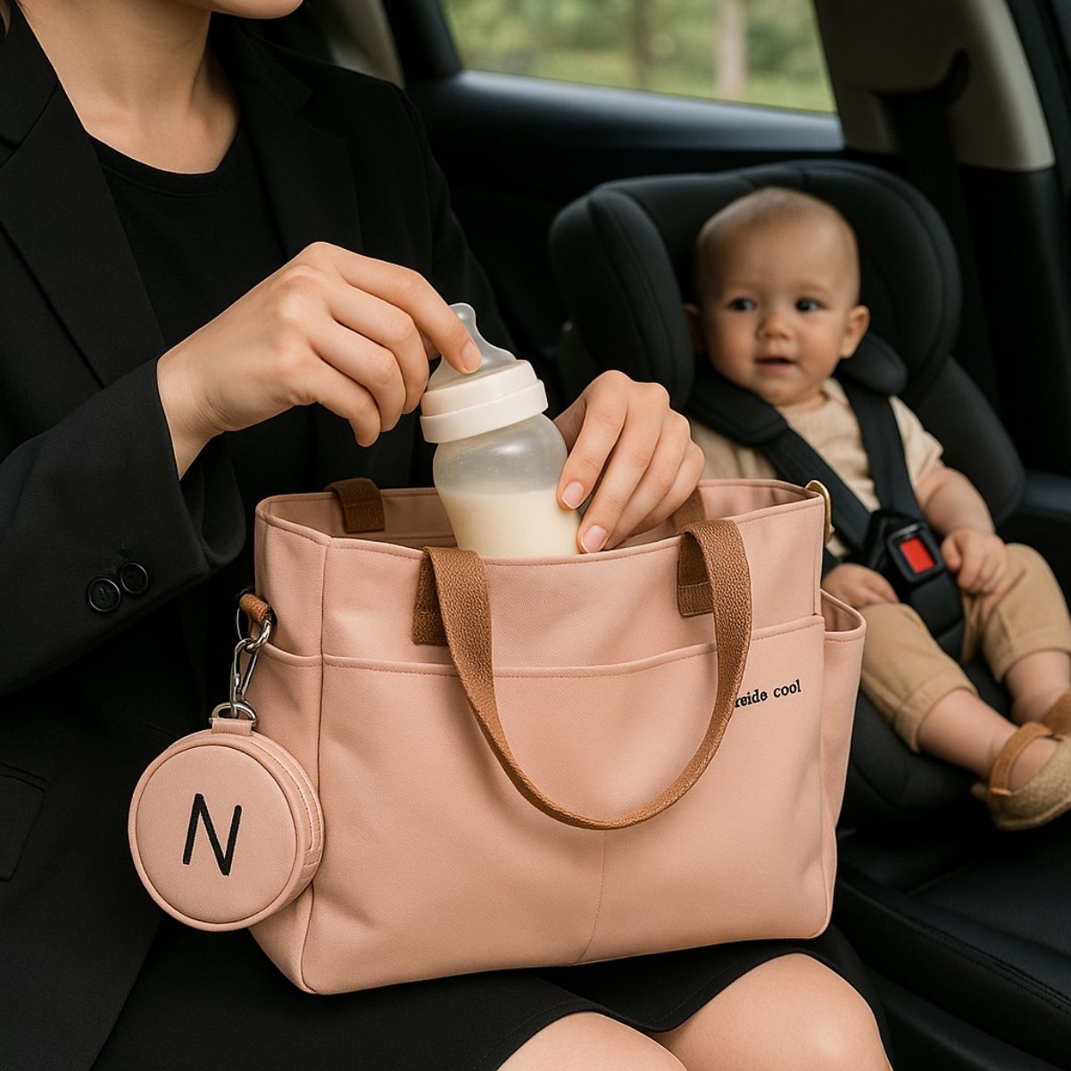 Sac a langer kaki utilisé en voiture, maman range un biberon de lait devant bébé assis dans son siège auto