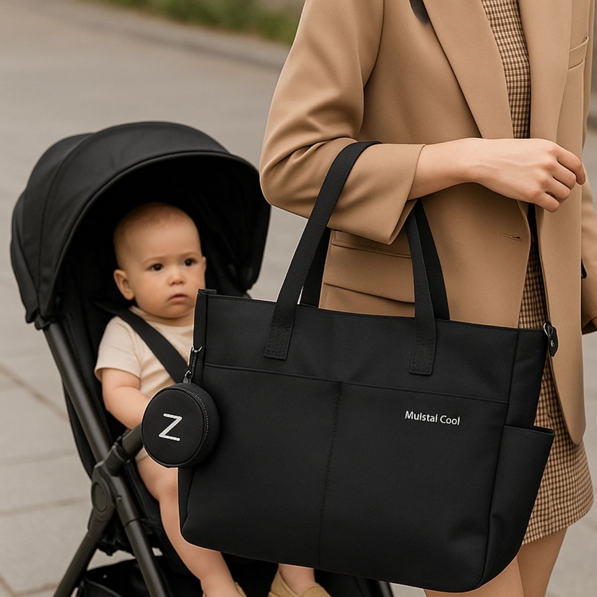Sac a langer noir accroché à une poussette, bébé assis à l’avant en promenade