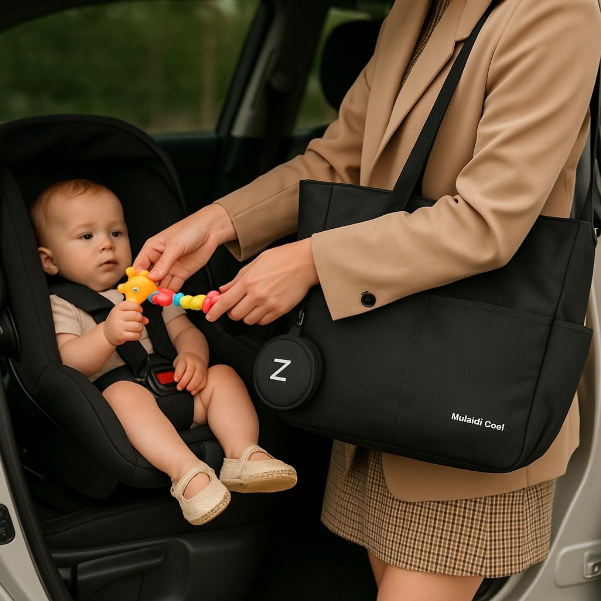 Sac a langer noir utilisé en voiture, maman donne un jouet à bébé assis à l’arrière