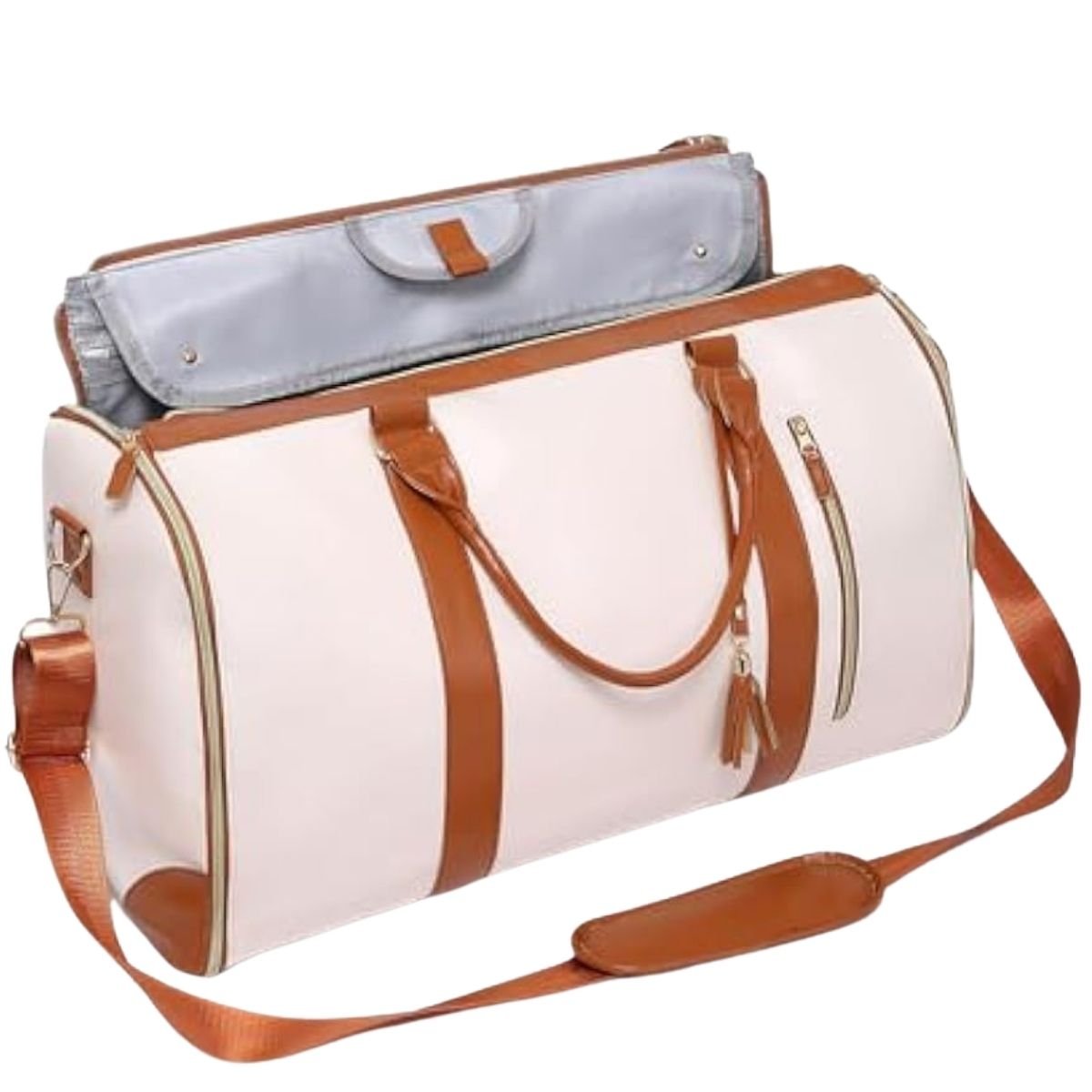 Sac a langer week end beige avec ouverture large et rangement interne pratique pour deux jours