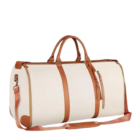Sac a langer week end beige élégant avec poches zippées et décoration pompon