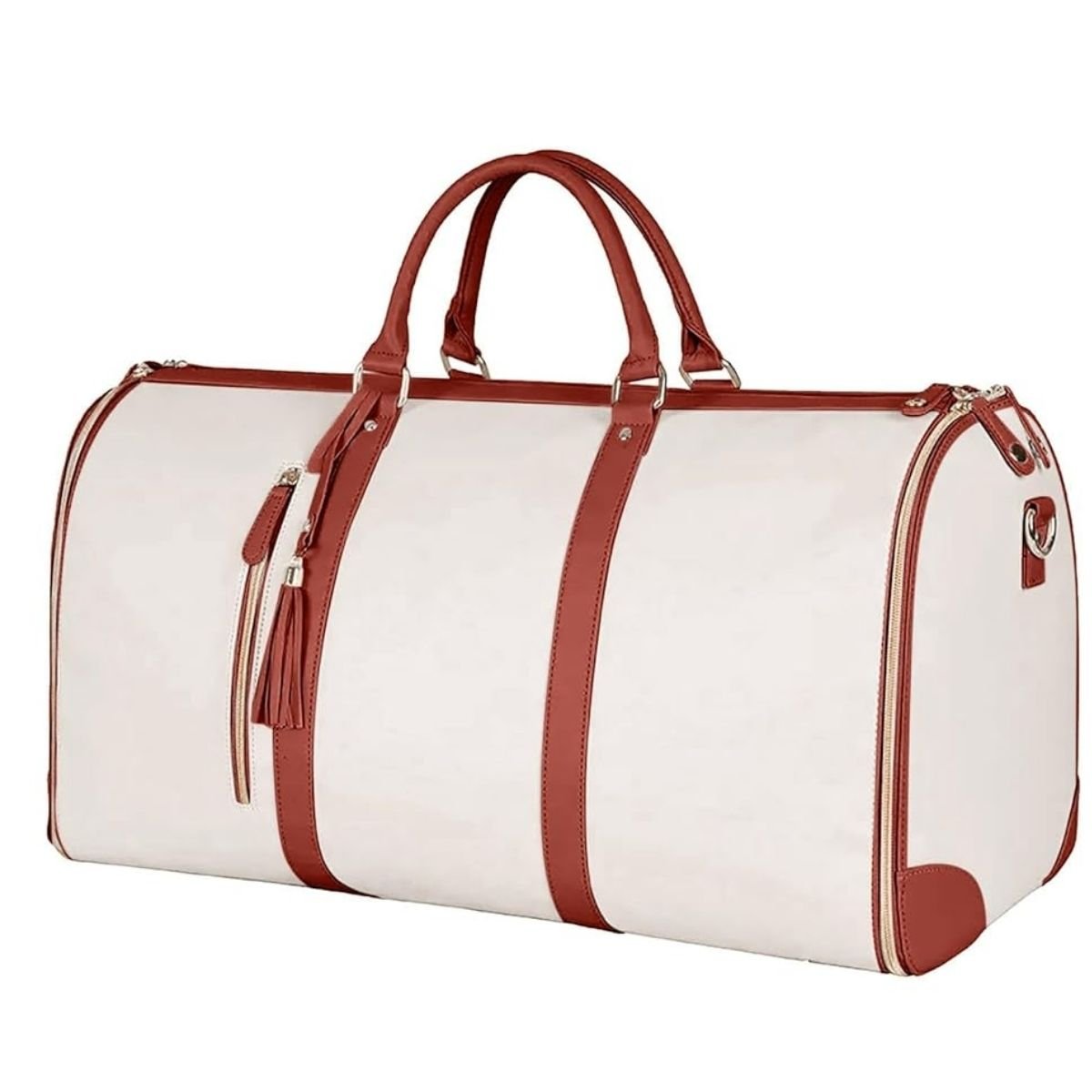 Sac a langer week end beige avec anses et bandoulière cuir, grande contenance pour séjours de deux jours