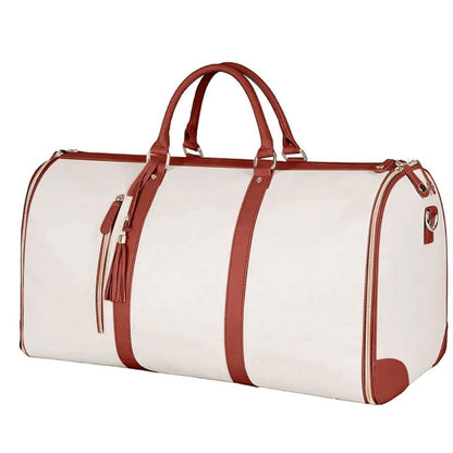 Sac a langer week end beige avec anses et bandoulière cuir, grande contenance pour séjours de deux jours