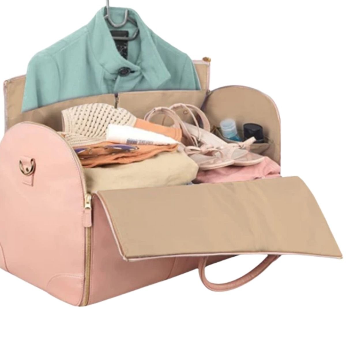 Sac a langer week end rose ouvert avec compartiments organisés pour affaires de bébé et parents