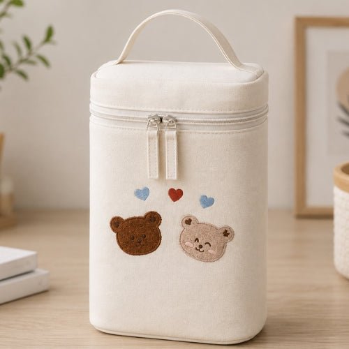 Sac à motifs pour biberon ours amoureux avec poignée intégrée et double fermeture zip