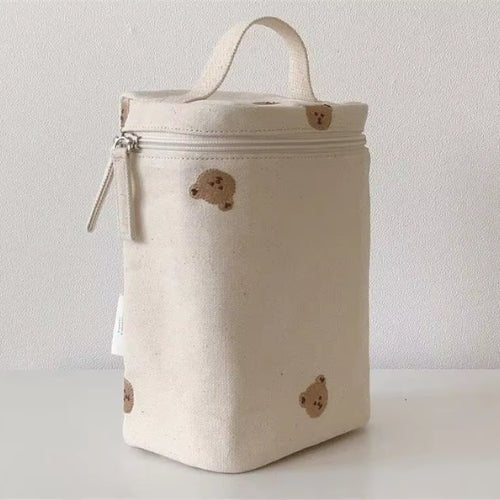 Sac à motifs pour biberon ours en toile avec poignée intégrée et double zip