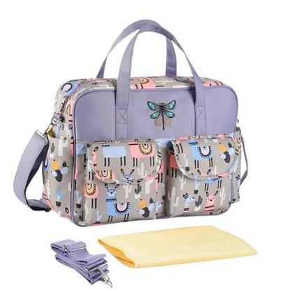 sac bebe lama pastel avec tapis a langer jaune et bandouliere assortie