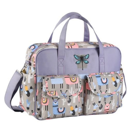 sac bebe motif lama pastel vu de trois quarts avec anses violettes