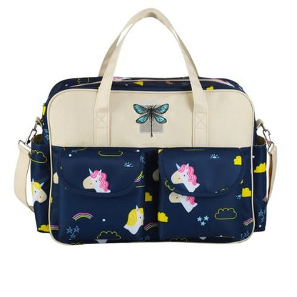 sac bebe licorne bleu nuit vu de face avec deux poches exterieures et fermeture zippee