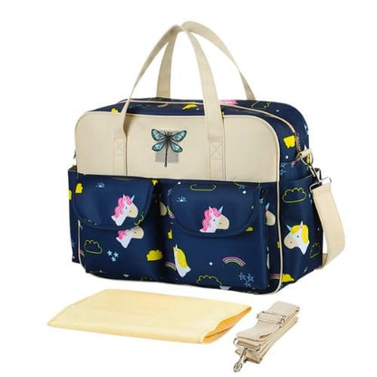 sac bebe motif licorne bleu nuit avec accessoires fournis et anses creme
