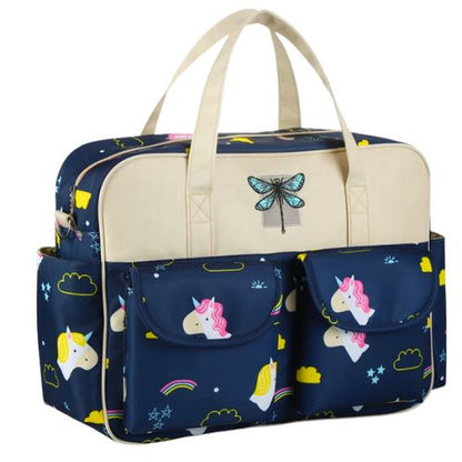 sac bebe licorne bleu nuit vu de trois quarts avec poches avant bombees