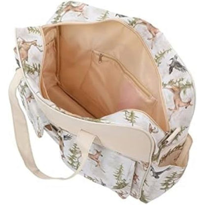 sac bebe motif foret avec vue intérieure beige et poche zippée