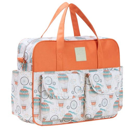 sac bebe motif montgolfiere vu de face avec anses larges orange
