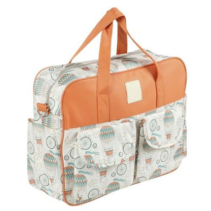 sac bebe motif montgolfiere orange vu de côté avec double poches avant