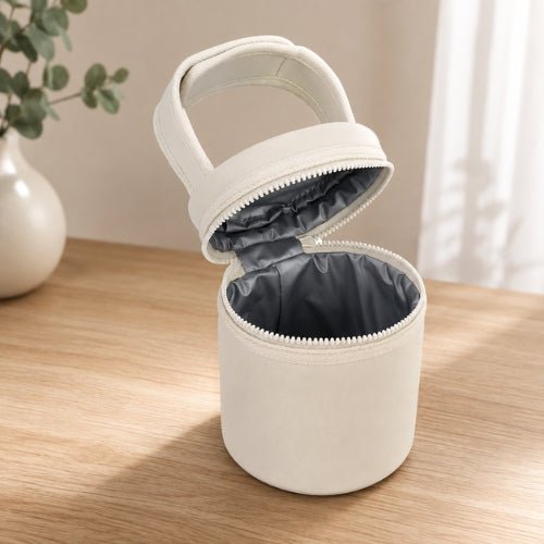 Sac cylindrique pour biberons beige ouvert avec doublure PEVA et poignée auto-agrippante