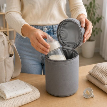 Sac cylindrique pour biberons gris ouvert avec poignée auto-agrippante pendant le rangement d’un biberon