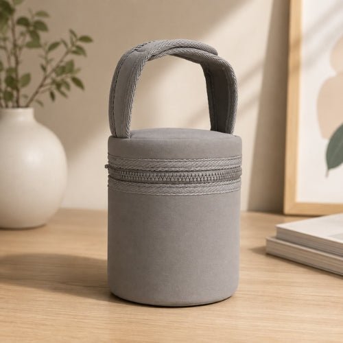 Sac cylindrique pour biberons gris avec poignée auto-agrippante et fermeture zip