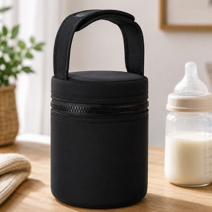 Sac cylindrique pour biberons noir avec poignée auto-agrippante et fermeture zip