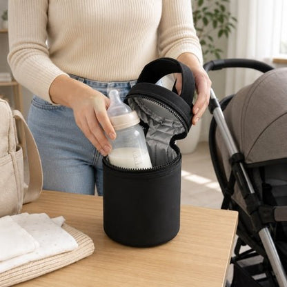 Sac cylindrique pour biberons noir ouvert pendant le rangement d’un biberon