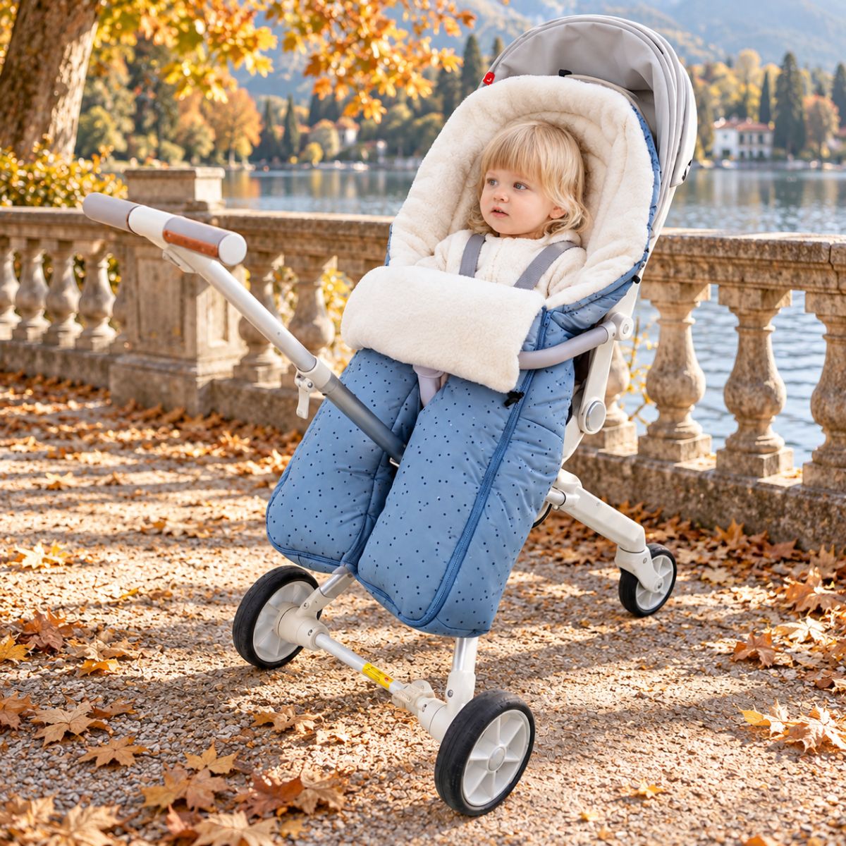 Sac de couchage pour poussette bleu clair moucheté avec jambes séparées lors d’une sortie automnale au bord du lac