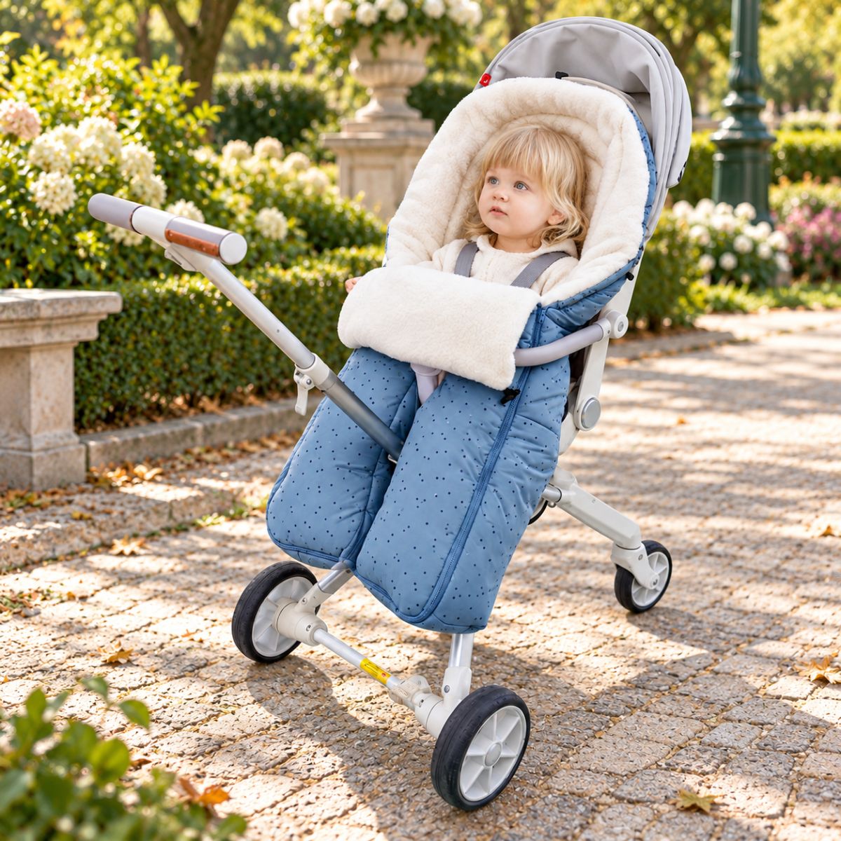 Sac de couchage pour poussette bleu clair moucheté avec bébé installé près d’un jardin fleuri