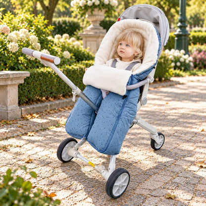 Sac de couchage pour poussette bleu clair moucheté avec bébé installé près d’un jardin fleuri