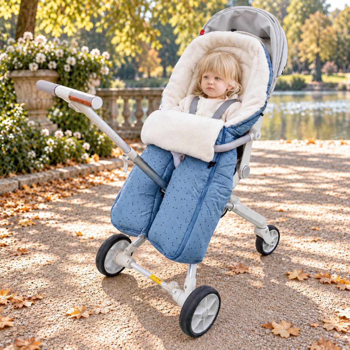 Sac de couchage pour poussette bleu clair moucheté avec intérieur blanc et bébé installé dans un jardin