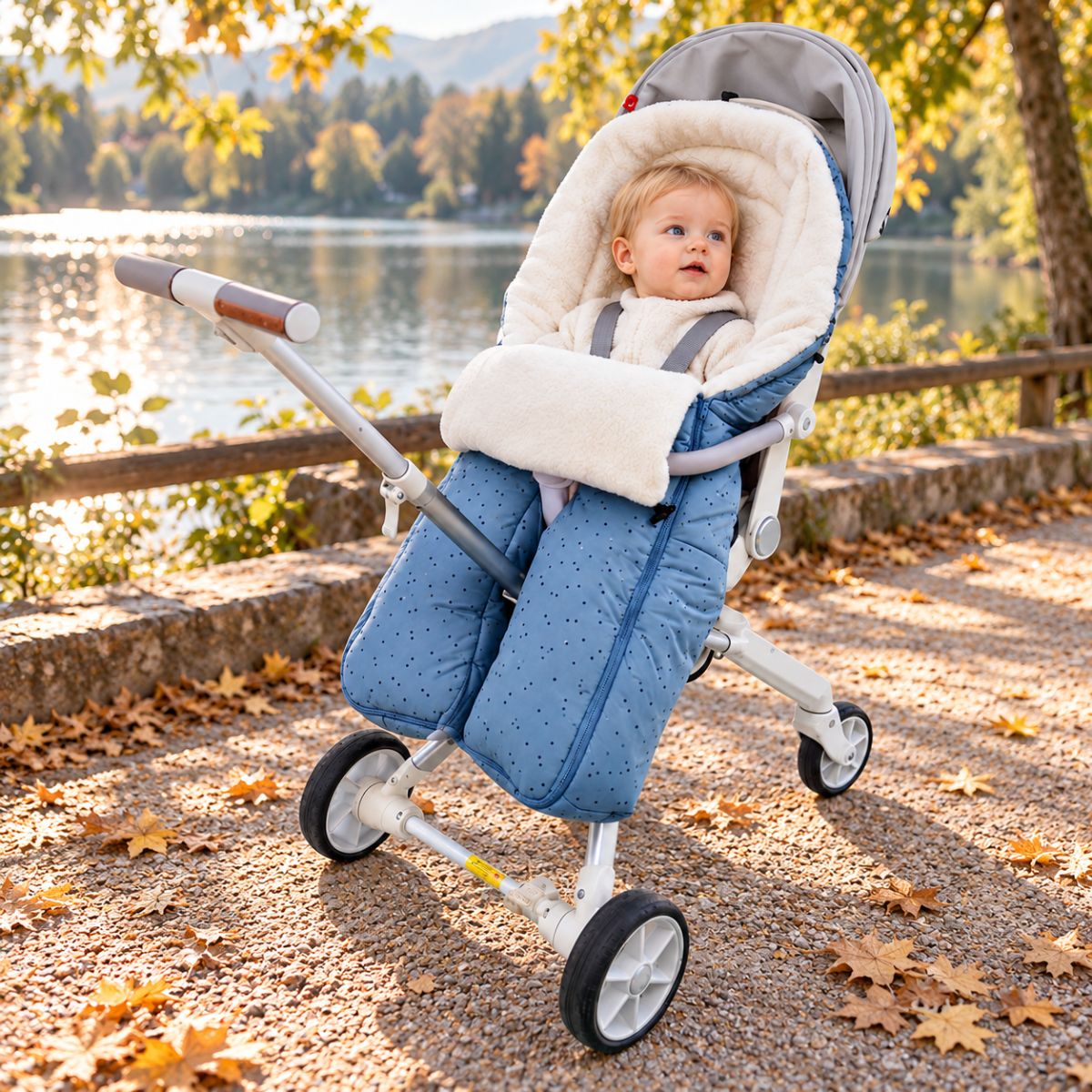 Sac de couchage pour poussette bleu clair à jambes séparées avec bébé pendant une promenade au bord d’un lac