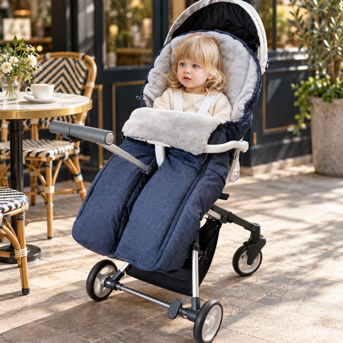 Sac de couchage pour poussette bleu marine à jambes séparées avec bébé installé devant une terrasse