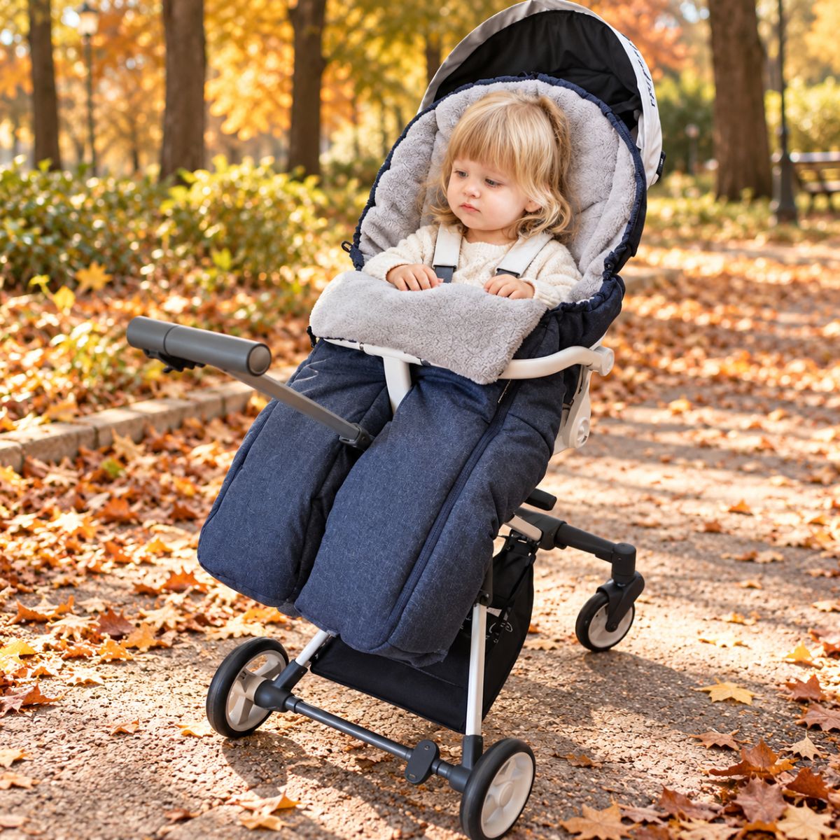 Sac de couchage pour poussette bleu marine à jambes séparées avec bébé dans un parc en automne