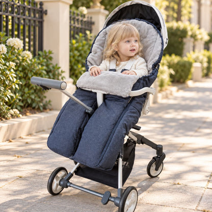 Sac de couchage pour poussette bleu marine à jambes séparées avec intérieur gris doux lors d’une balade extérieure