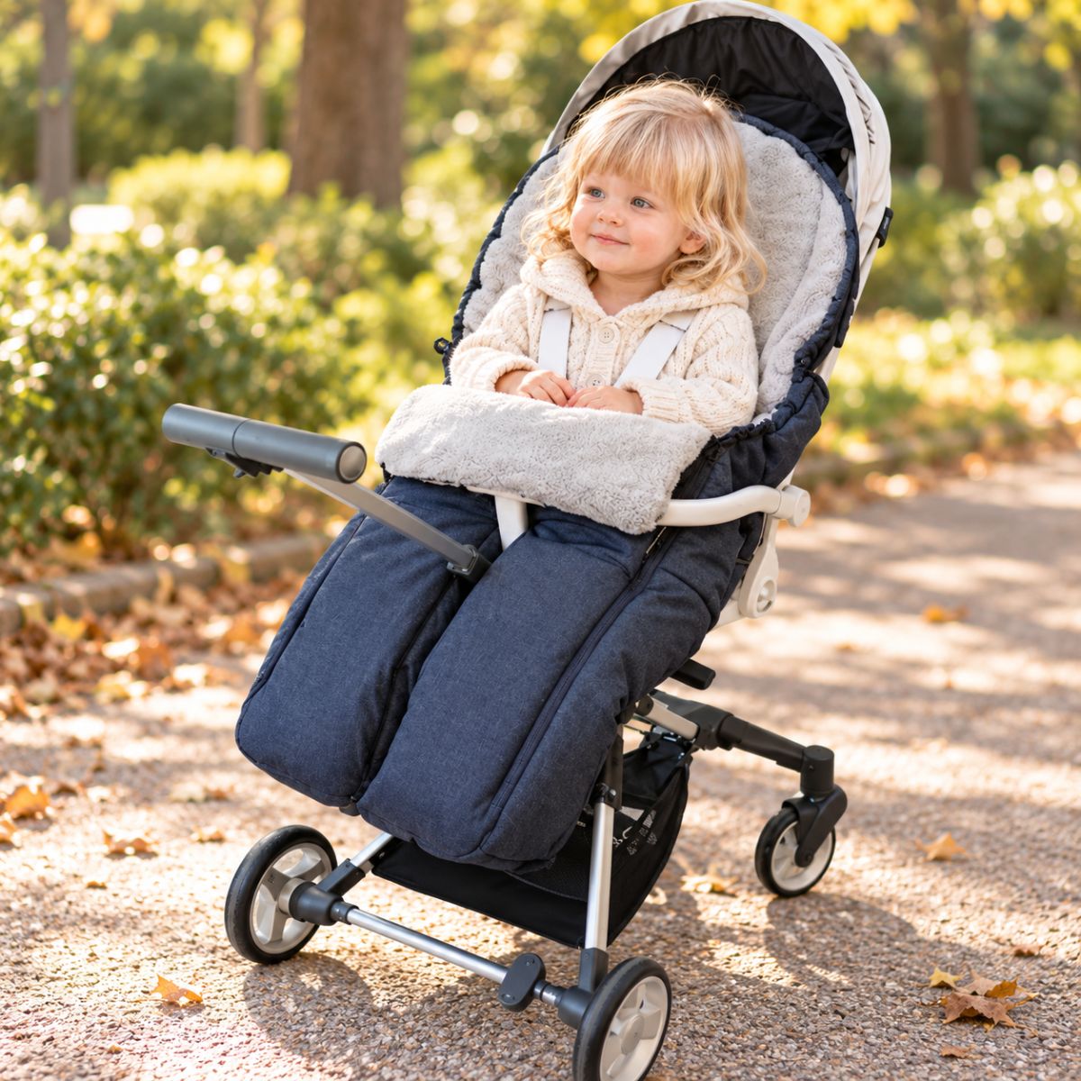 Sac de couchage pour poussette bleu marine avec intérieur gris et jambes séparées pendant une promenade au parc