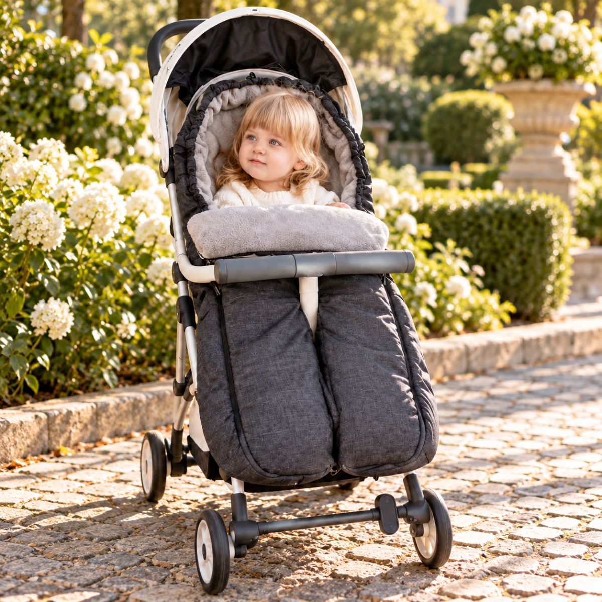 Sac de couchage pour poussette gris anthracite à jambes séparées avec intérieur gris et bébé près d’un jardin fleuri