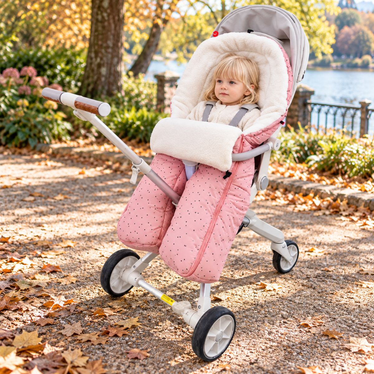 Sac de couchage pour poussette rose à jambes séparées avec bébé pendant une promenade au bord d’un lac en automne
