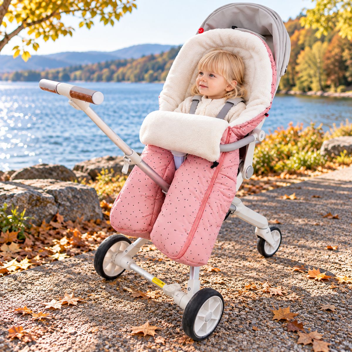 Sac de couchage pour poussette rose à jambes séparées avec intérieur blanc et bébé près d’un lac en montagne