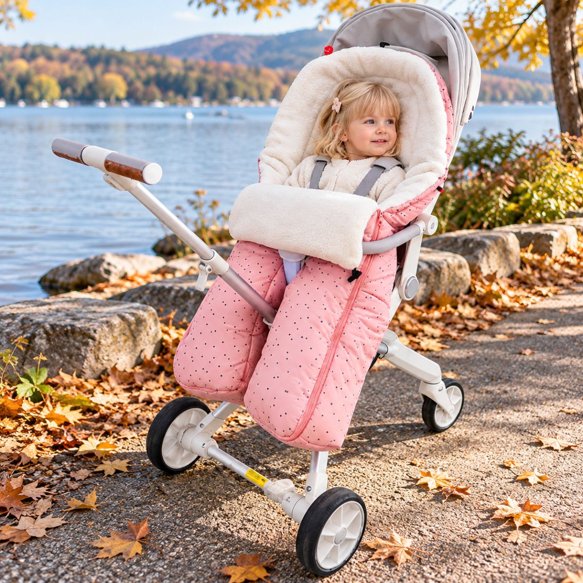 Sac de couchage pour poussette rose avec jambes séparées et intérieur blanc lors d’une promenade au bord du lac