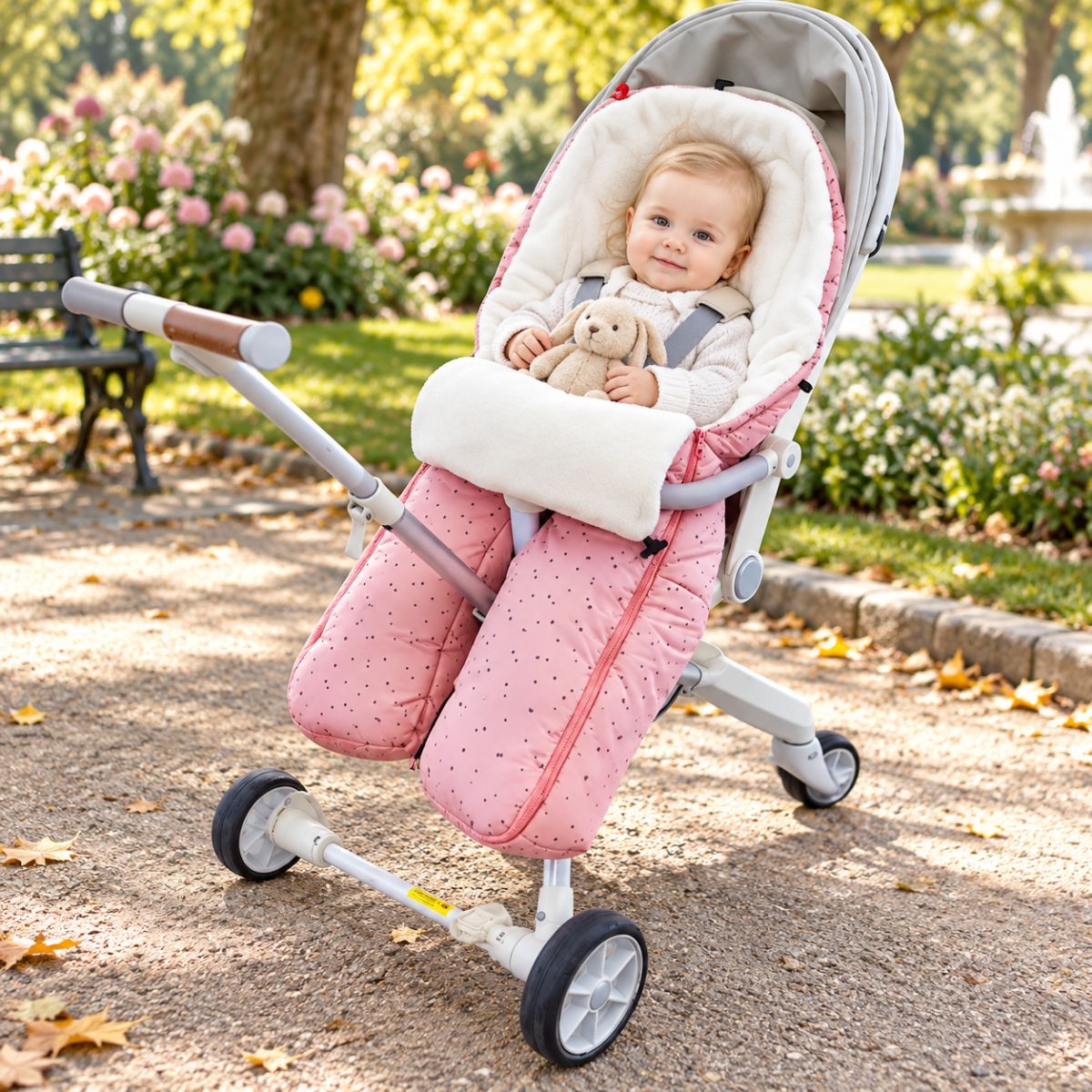 Sac de couchage pour poussette rose à jambes séparées avec intérieur blanc et bébé installé dans un parc fleuri
