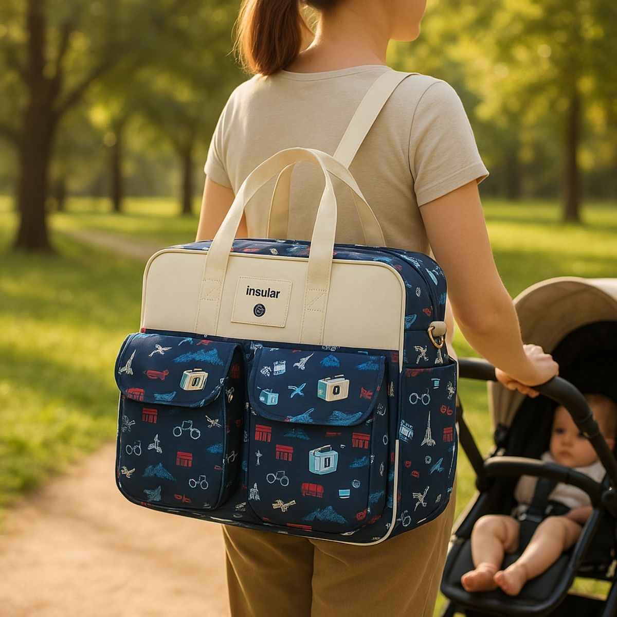 Sac de maternité École Magique porté au dos par une maman lors d’une sortie avec poussette