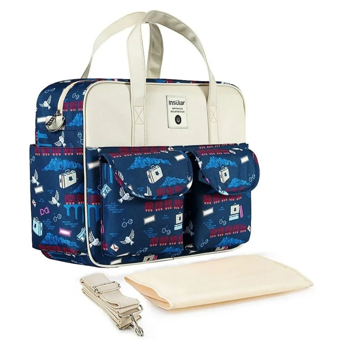 Sac de maternité École Magique bleu marine avec motifs, vue produit sur fond blanc