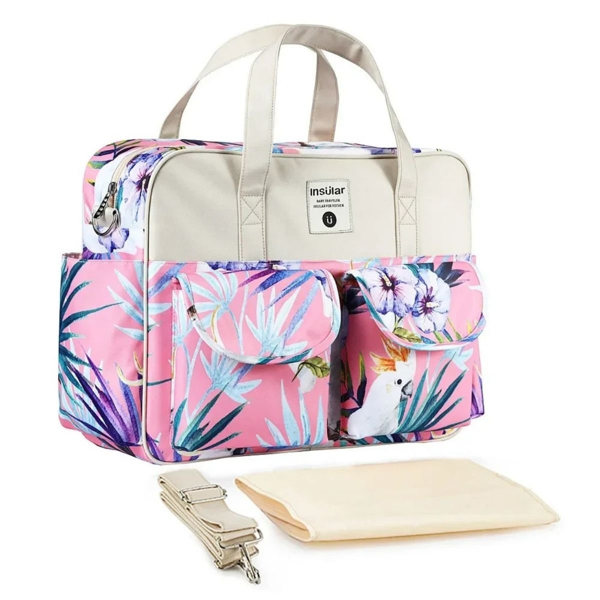 Sac de maternité Forêt Tropicale rose avec imprimés exotiques, vue produit sur fond blanc