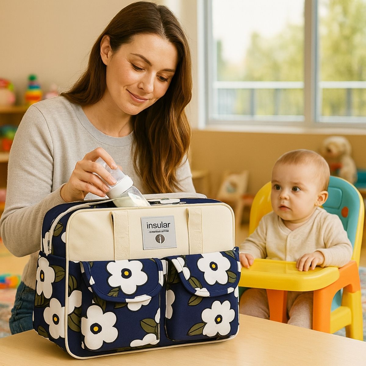 Sac de maternité Iris d’Été utilisé en intérieur par une maman donnant le biberon à son bébé