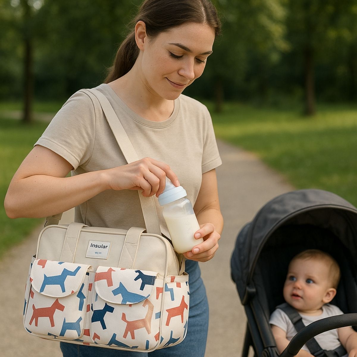 Sac de maternité Poney Galopant porté par une maman, utilisation en extérieur avec bébé en poussette