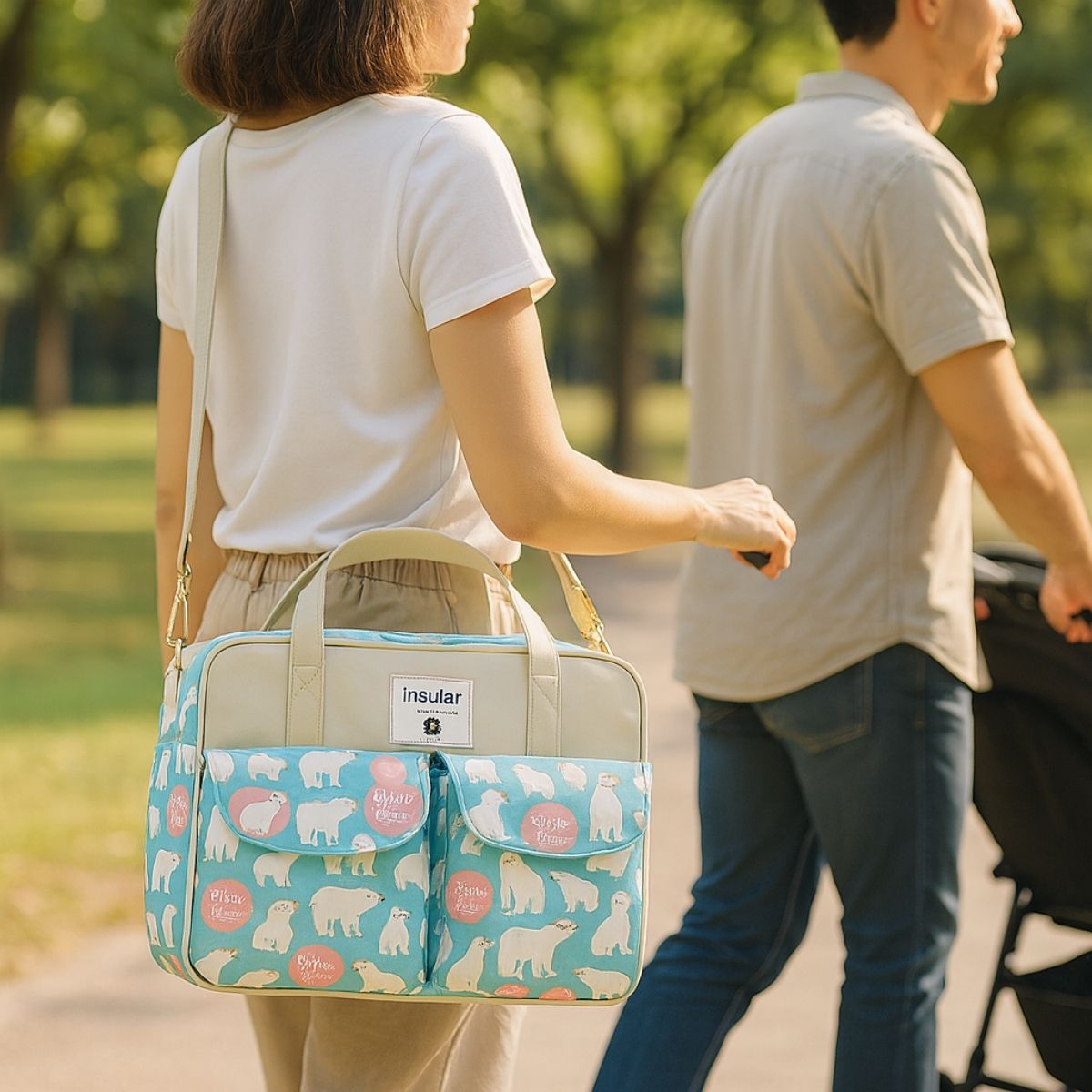 Sac de maternité Ours Polaire porté en bandoulière pendant une promenade en famille