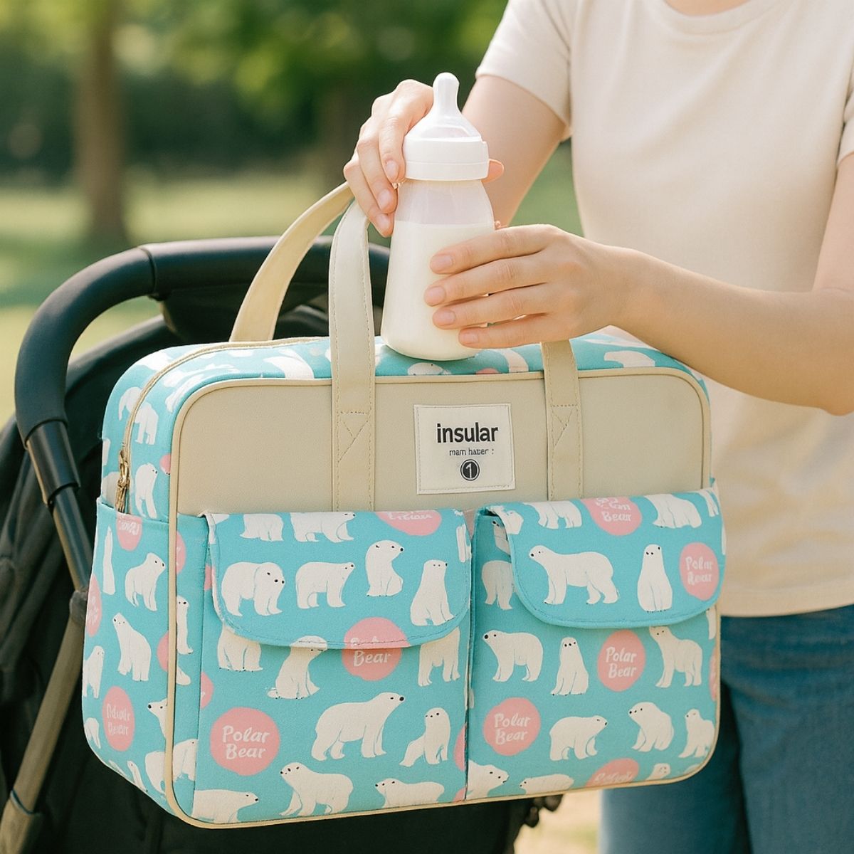 Sac de maternité Ours Polaire porté par une maman qui sort un biberon, bébé assis dans la poussette