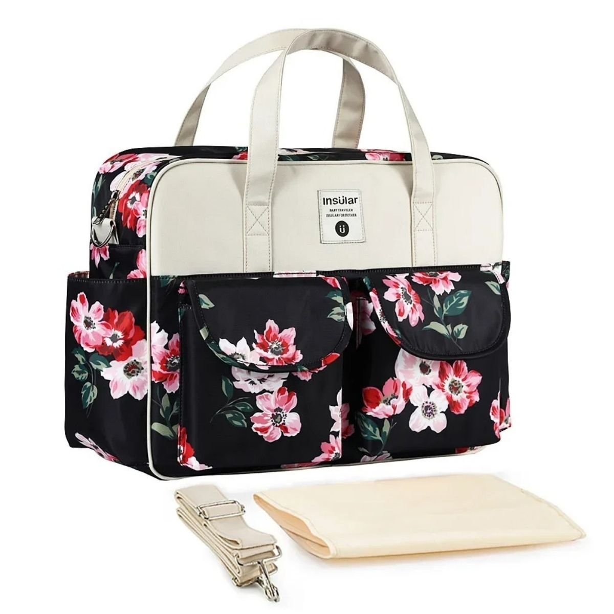 Sac de maternité Peinture Rose avec imprimé floral rouge et rose, accessoires à côté.