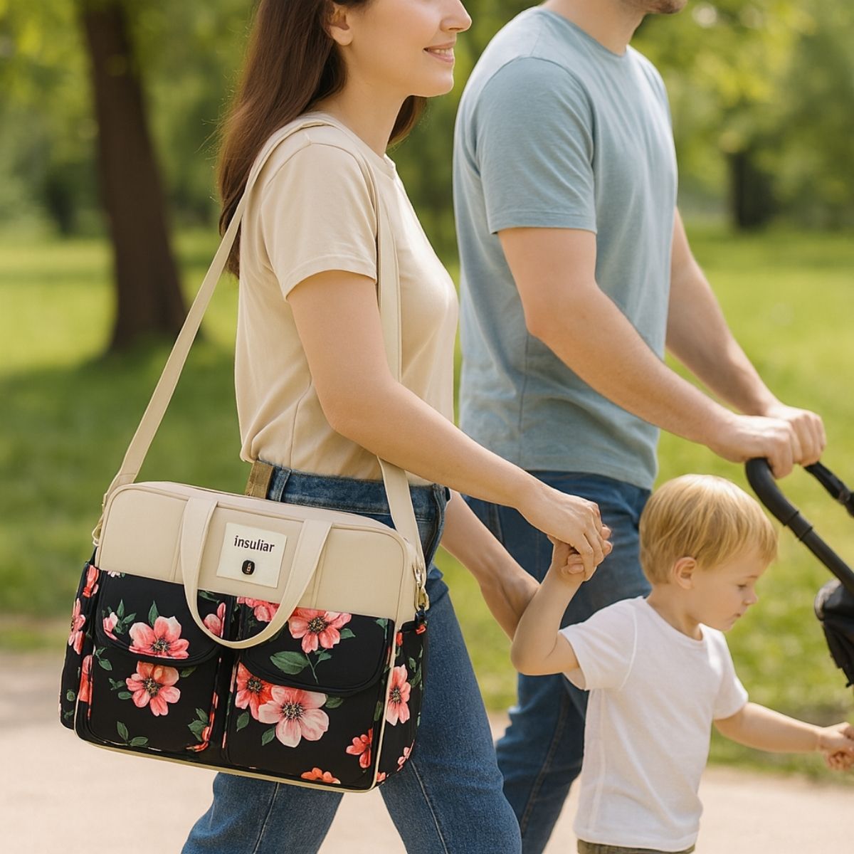 Sac de maternité Peinture Rose porté par une maman tenant la main de son enfant, poussette en arrière-plan.